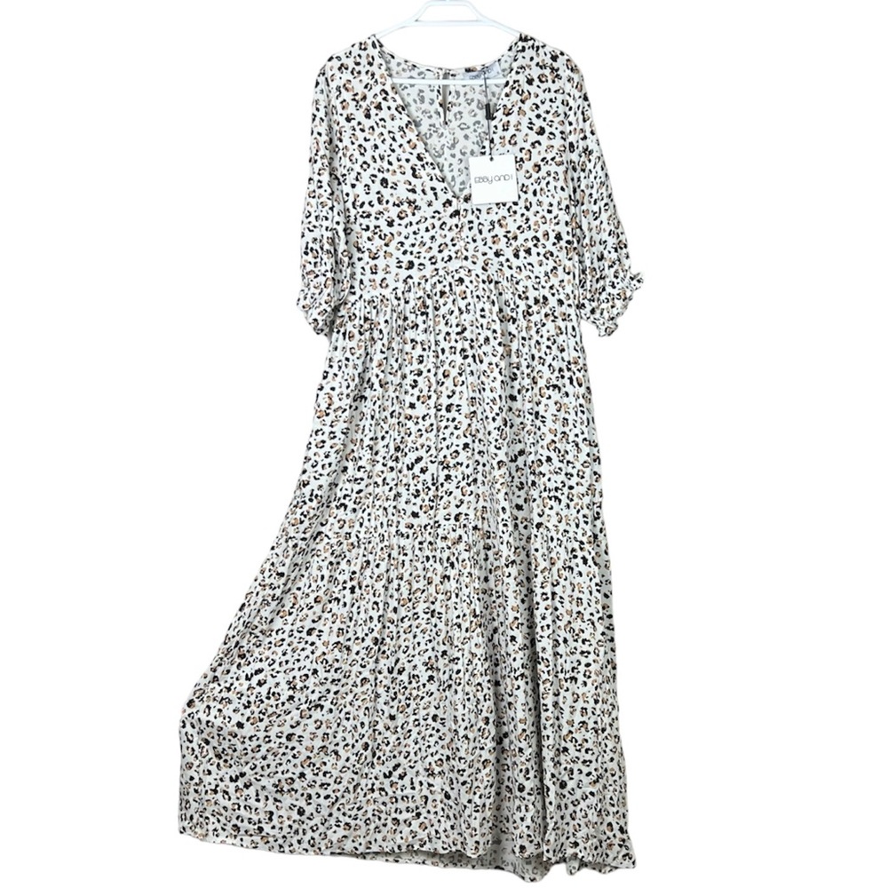 Ebby & I Maxi Dress White Leopard Animal Print Pockets Long Boho Size 10 NWT New - Picture 3 of 15